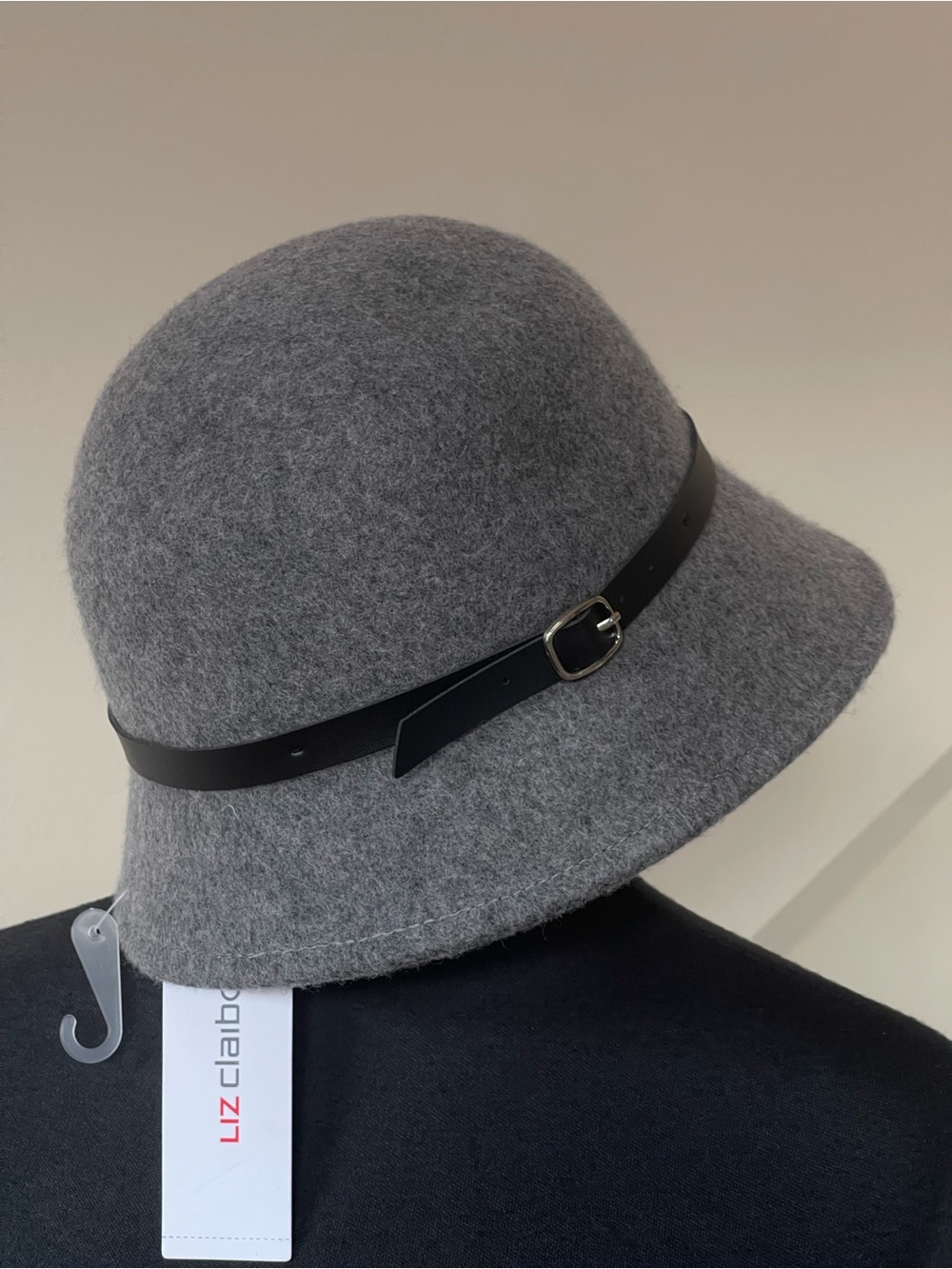 Liz Claiborne Gray Felt Cloche Hat with Black Belt Trim